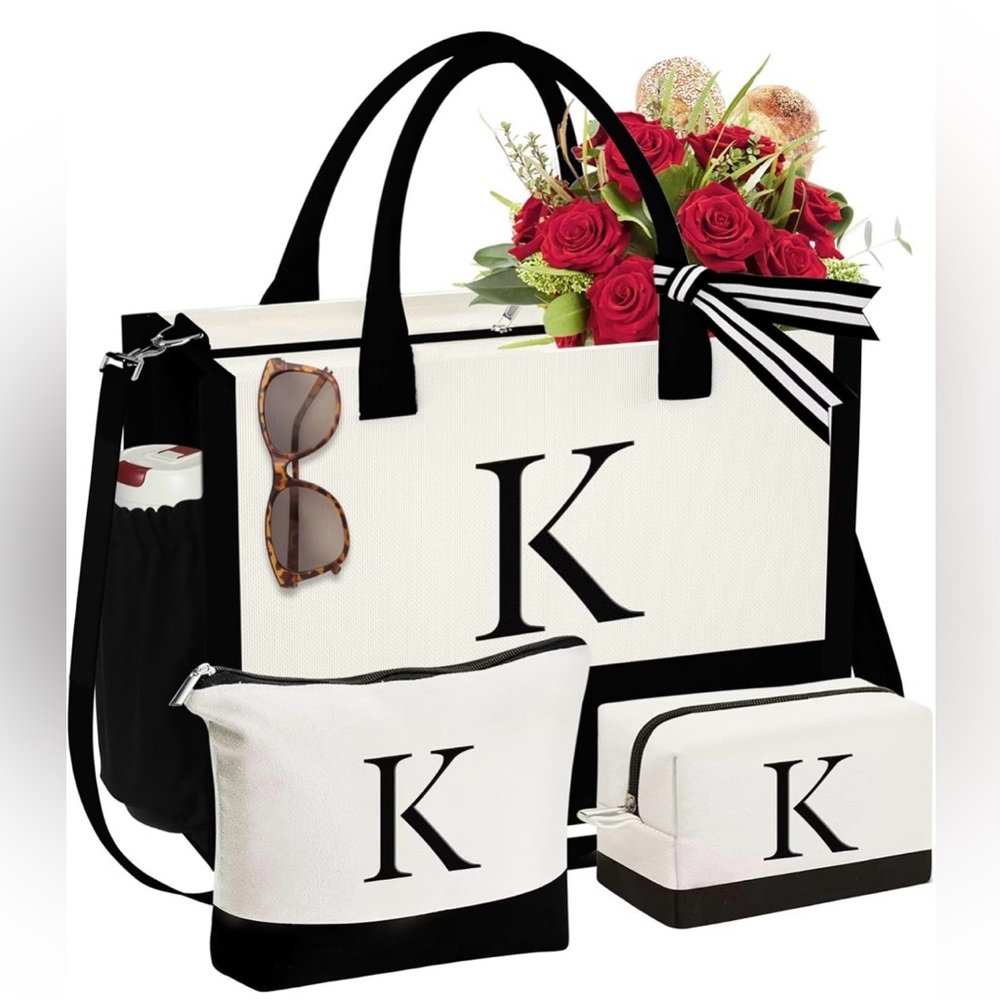 YOOLIFE Initial Canvas Tote Bag & Makeup Bag Black and White Monogram “K”